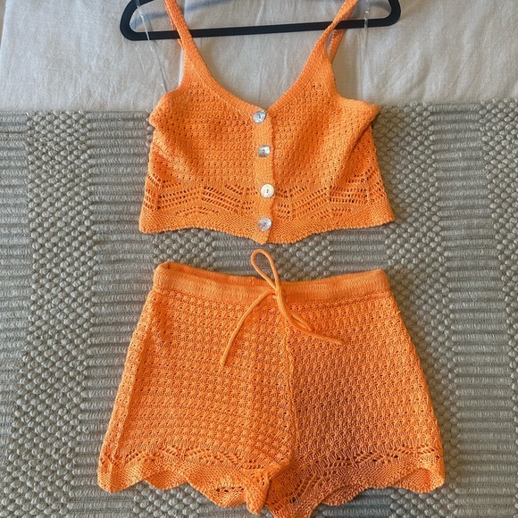 Jolie & Joy by FCT With Love Tops - Orange Crochet Button-Up Crop Top and Shorts Set​